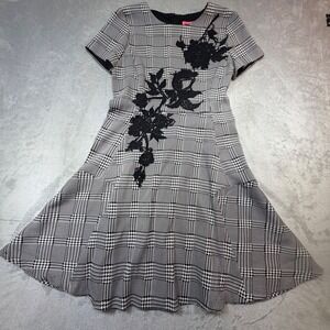 Betsey Johnson Vintage Plaid Floral Lace Fit Flare Dress Size 4 Black White